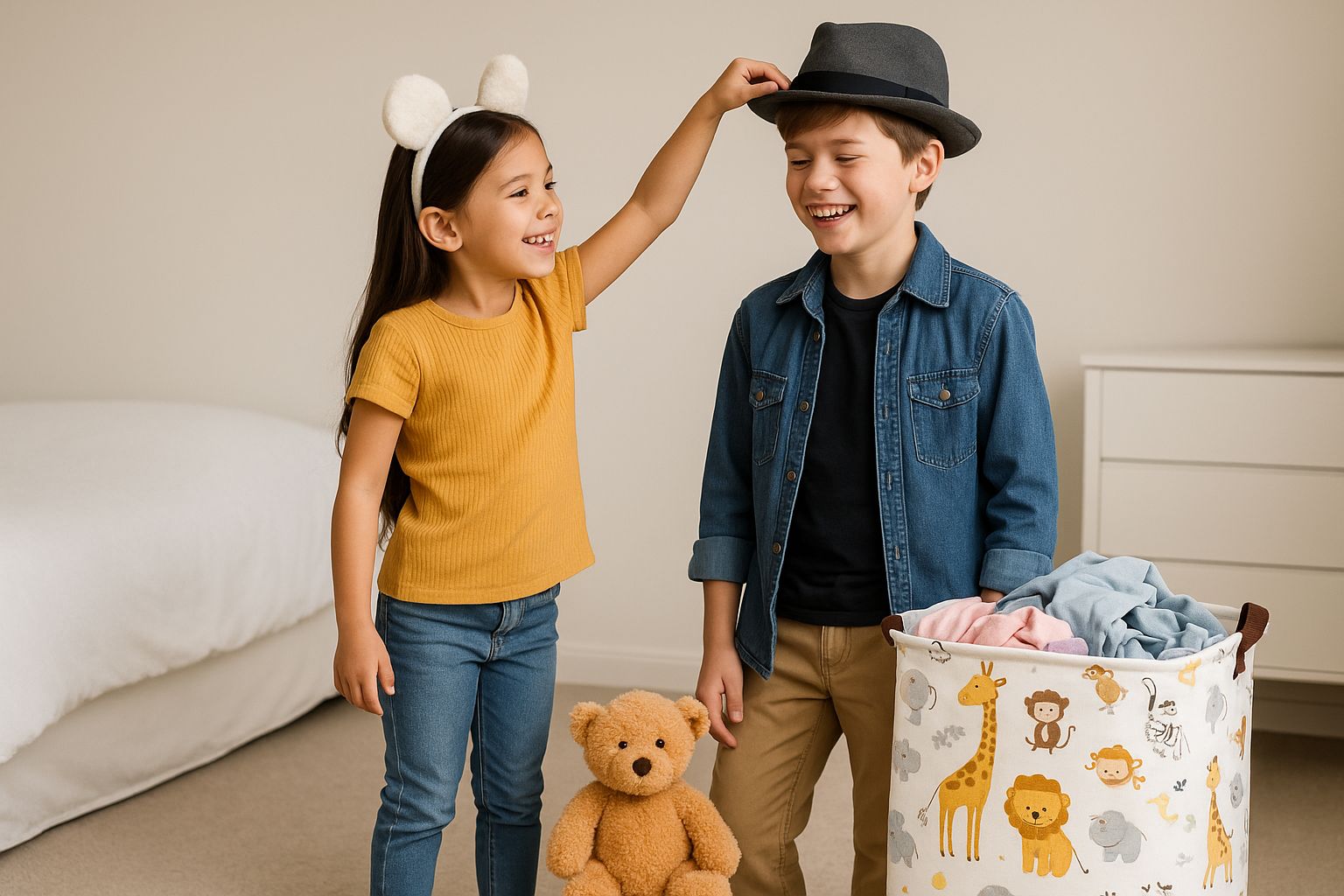 Två syskon leker med färgglada kläder och accessoarer, glada i en ljus, lekfull miljö.